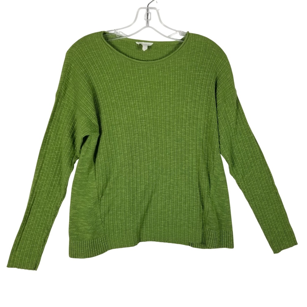 Eileen Fisher Sweater Womens Small Green Organic Linen Cotton Ribbed Pullover